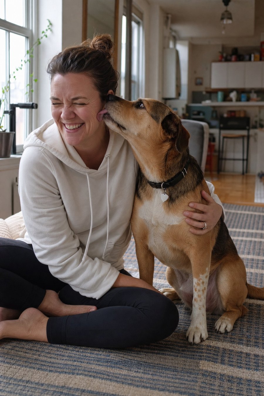 Woman hugging her golden retriever before an international pet relocation